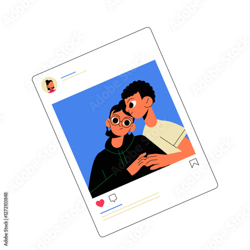 Social Media Post With Couple In Flat Vector Illustration Symbolizing Online Relationships, Digital Connection, And Virtual Love, Isolated On White Background.