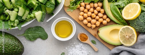Wallpaper Mural A flat lay of various vegetables, chickpeas, and avocados on a light gray concrete background with an empty wooden board in the center for displaying the salad. Torontodigital.ca