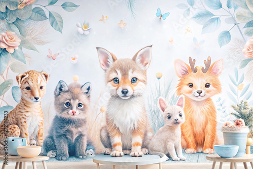 Cute animal wallpaper, children's room, floral background, wall decor