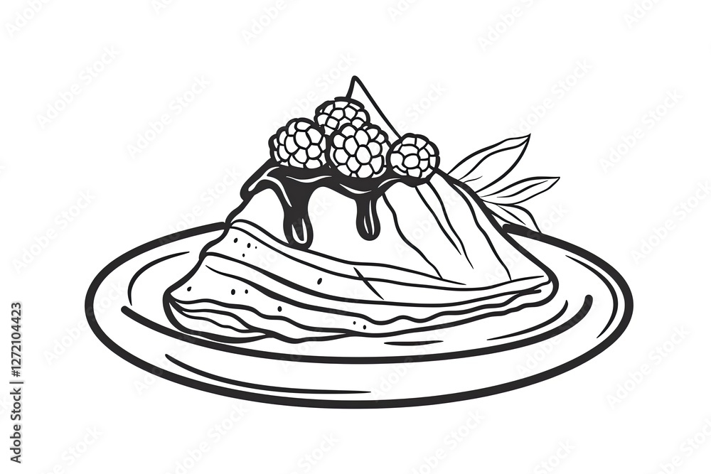 Crepe with sauce and berries. Linear icon of thin dessert pancake. Black simple illustration of wrapped triangle of fried dough with topping. Crepe with sauce and berries. Linear icon of thin dessert pancake. Black simple illustration of wrapped triangle of fried dough with topping.