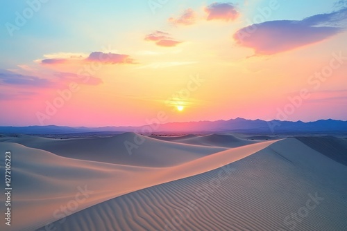 Serene Desert Landscape at Sunset with Colorful Sky and Dunes