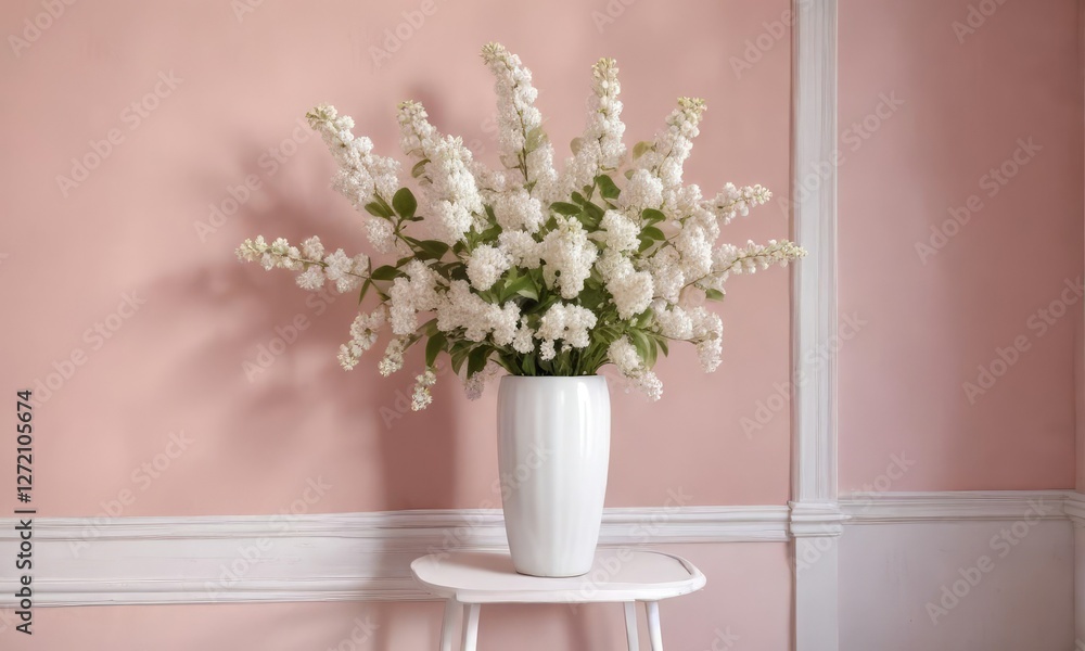 Elegant white lilacs in tall white vase on soft pink wall, luxury design, soft colors, minimalist, sophisticated, stylish Elegant white lilacs in tall white vase on soft pink wall, luxury design, soft colors, minimalist, sophisticated, stylish
