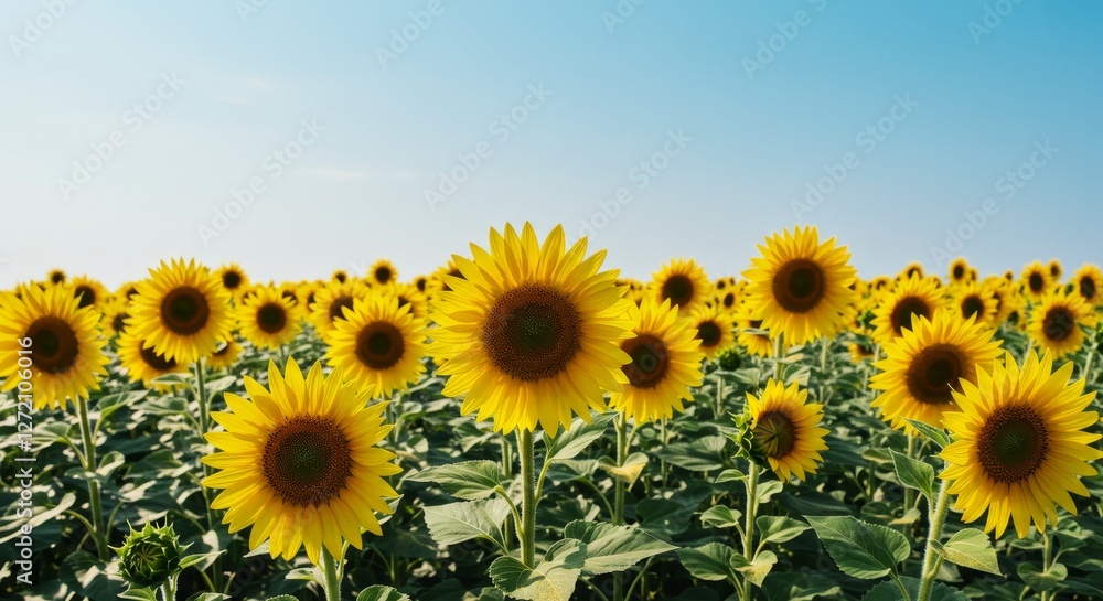 Vibrant Sunflower Field Under a Clear Sky - A stunning view of a vast sunflower field bathed in sunlight against a clear blue sky Vibrant Sunflower Field Under a Clear Sky - A stunning view of a vast sunflower field bathed in sunlight against a clear blue sky