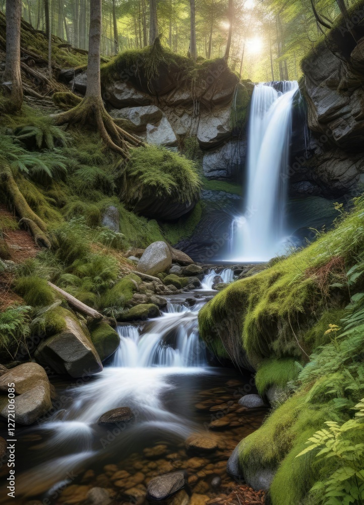 Fototapeta premium Enchanting waterfall flowing through pristine wilderness of Bayerischer Wald Nationalpark, Bavarian landscape, serene, serene, idyllic