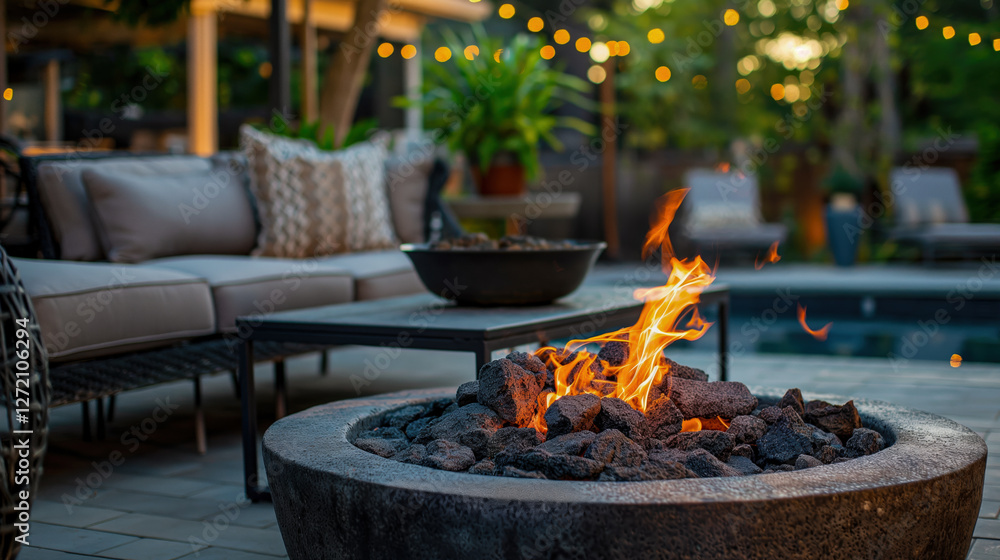 A beautifully designed outdoor space features a stone fire pit with flames flickering, surrounded by modern seating under soft string lights, creating a relaxing evening atmosphere. A beautifully designed outdoor space features a stone fire pit with flames flickering, surrounded by modern seating under soft string lights, creating a relaxing evening atmosphere.