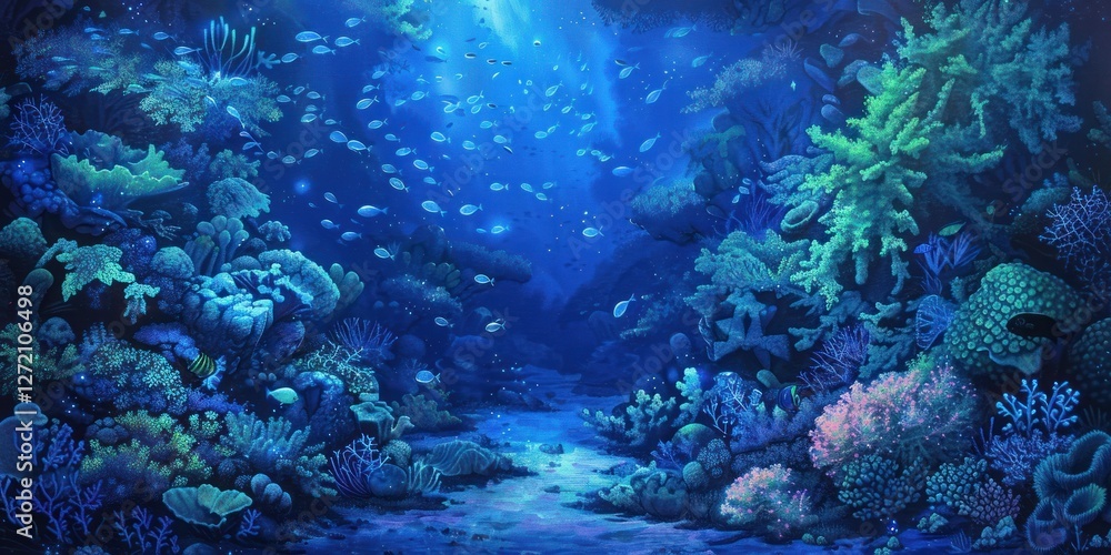 Fototapeta premium A mesmerizing underwater world filled with a school of small bioluminescent fish illuminating the deep blue and green hues gracefully moving through colorful coral formations during twilight hours