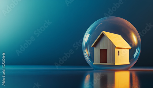 House inside glass dome symbolizing protection and safety concept for home security and preservation photo