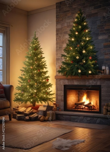 Wallpaper Mural Fir Christmas tree in front of a cozy fireplace, , crackling flames Torontodigital.ca