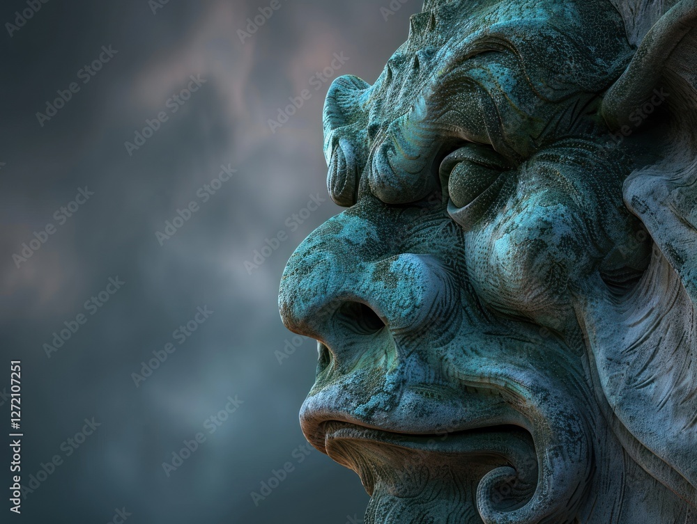 Close-up view showcases the intricate carvings and textures of a stone gargoyle's face. The dark blurred background of the sky adds to its mysterious aura and historical importance Close-up view showcases the intricate carvings and textures of a stone gargoyle's face. The dark blurred background of the sky adds to its mysterious aura and historical importance