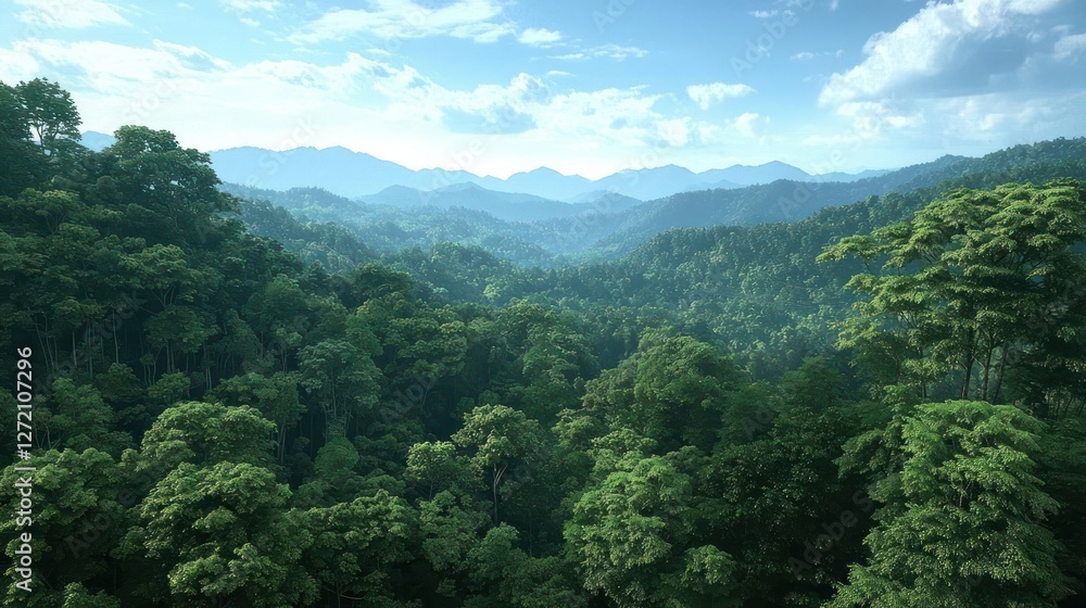 Fototapeta premium Lush Green Tropical Rainforest Landscape With Rolling Hills