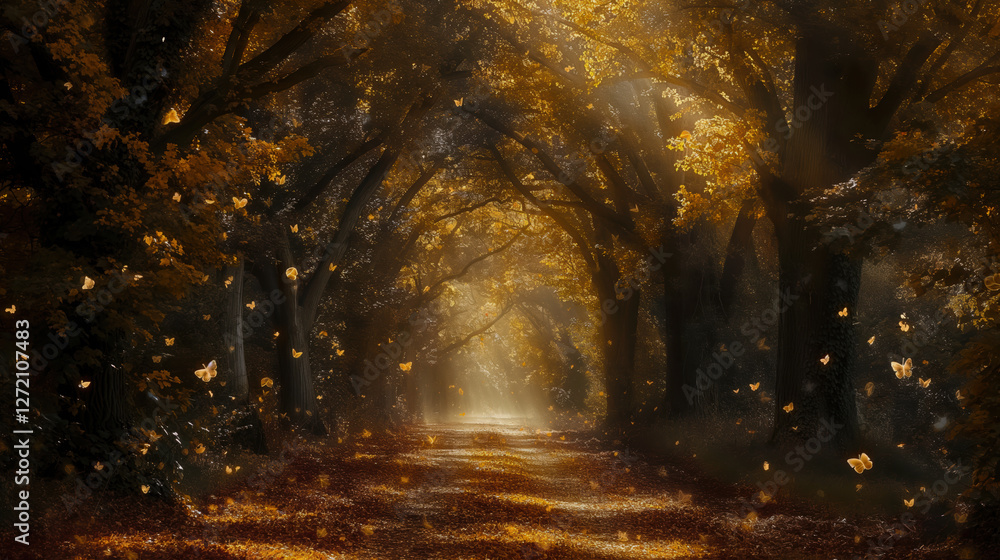 Obraz premium A serene forest path is adorned with a blanket of golden autumn leaves under a canopy of trees. Soft sunlight filters through, creating a peaceful atmosphere filled with fluttering butterflies.
