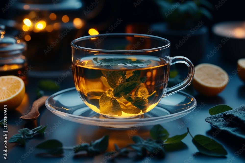 Ethereal glass tea cup glowing amidst serene surroundings for wellness. Generative AI Ethereal glass tea cup glowing amidst serene surroundings for wellness. Generative AI