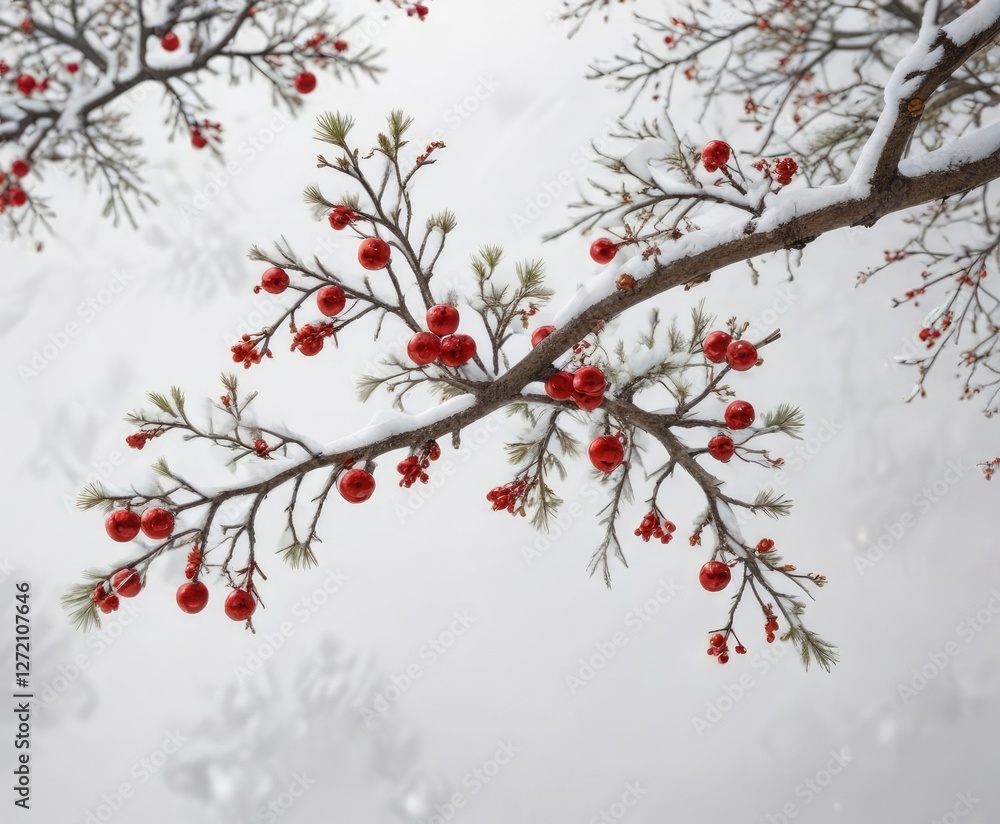 Focal point branch with ornaments on a snowy white background , icy scene, frosty atmosphere, festive decoration Focal point branch with ornaments on a snowy white background , icy scene, frosty atmosphere, festive decoration