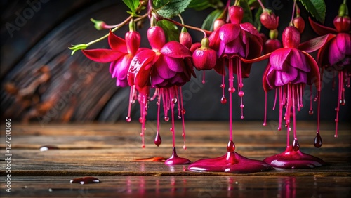 Fuchsia flowers with dripping slime on a dark wooden table, fungi, moss, organic photo