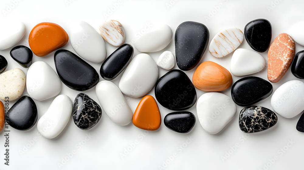Smooth and Textured Pebbles Arranged on White Background Smooth and Textured Pebbles Arranged on White Background