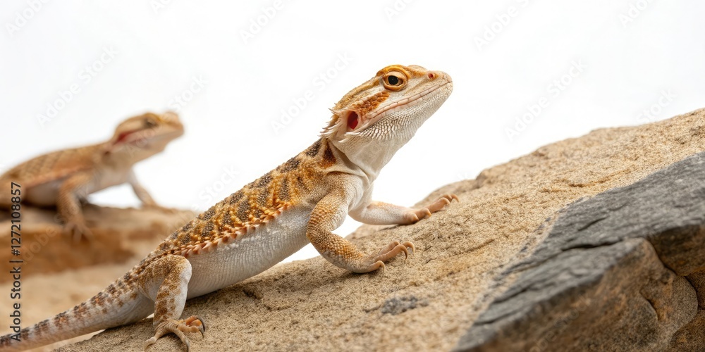 Naklejka premium Geckos basking in the sunlight isolated on white background, gecko lizard, animal, wildlife, reptile, sunbathing