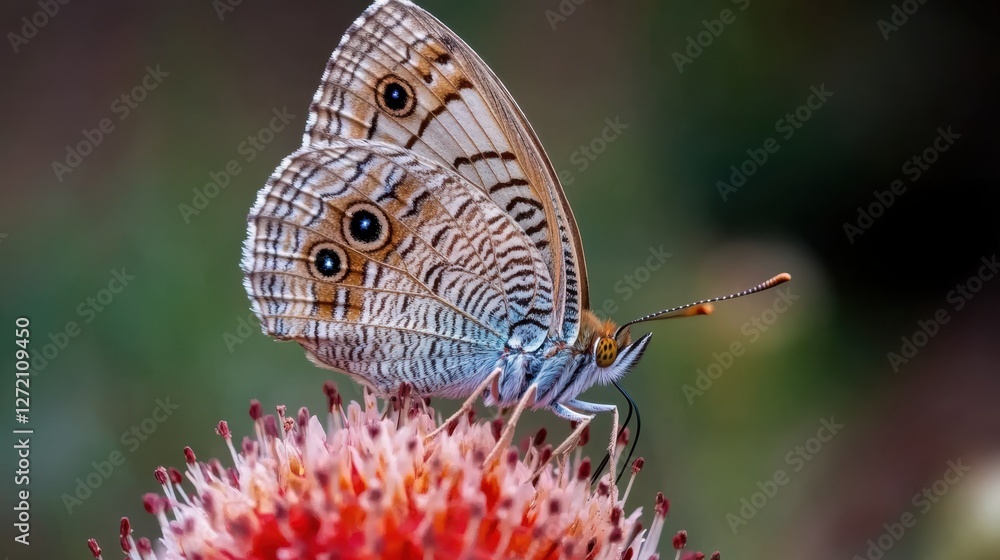 Fototapeta premium A butterfly perches gracefully on a vibrant flower, showcasing nature's delicate beauty and the intricate patterns on its wings.