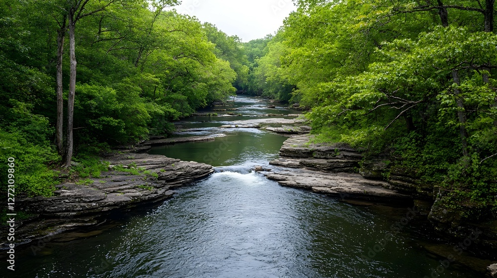 Serene River Flowing Through Lush Green Forest Serene River Flowing Through Lush Green Forest