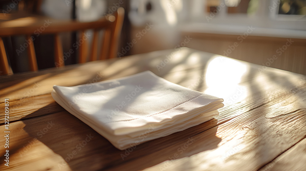 A folded white linen napkin rests on a wooden table surface, catching the light from a nearby window. A folded white linen napkin rests on a wooden table surface, catching the light from a nearby window.
