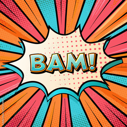 Vibrant comic book style speech bubble with bold "bam" text for pop art posters and social media