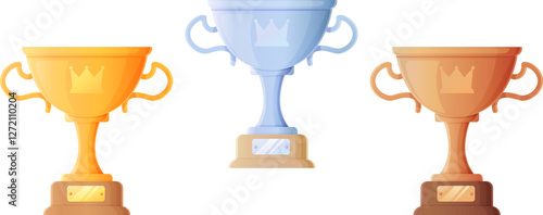 Set of golden, silver and bronze trophies featuring crown emblems.