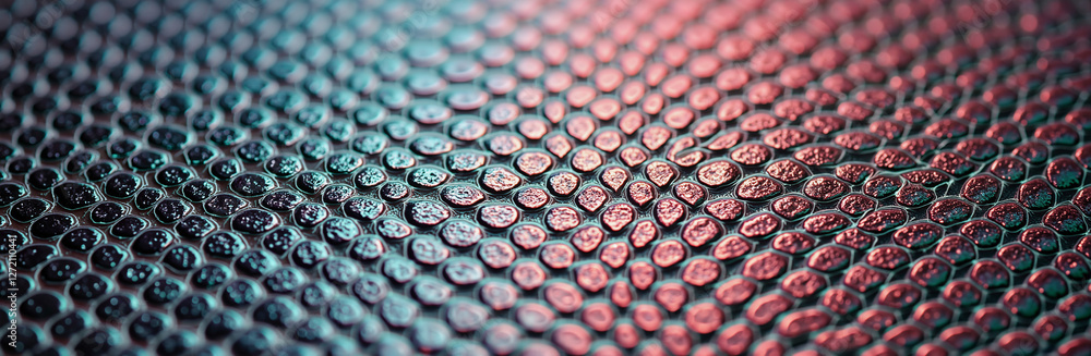 Close-up of textured snake scales with red and teal iridescent hues
Close-up of textured snake scales with red and teal iridescent hues