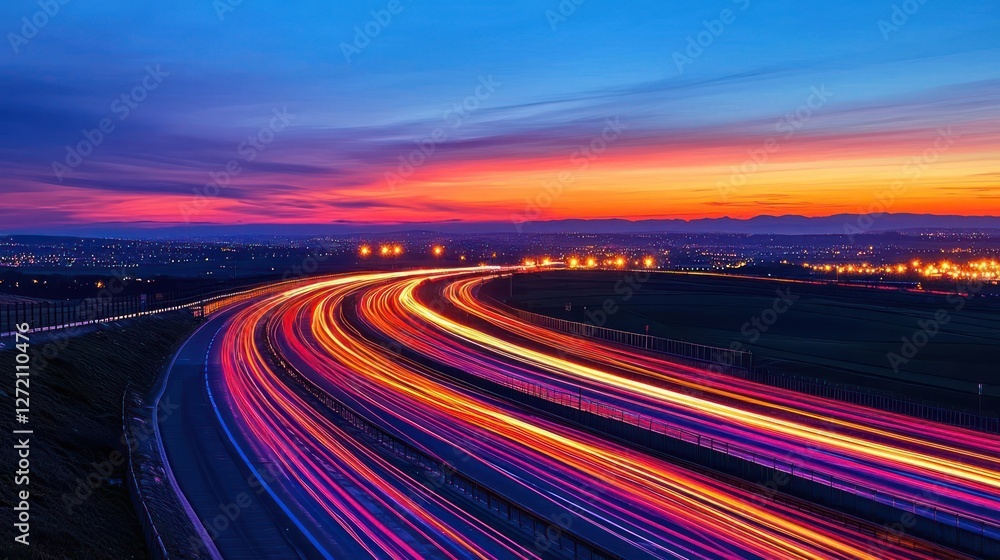 Obraz premium Curving Highway at Sunset with Colorful Light Trails