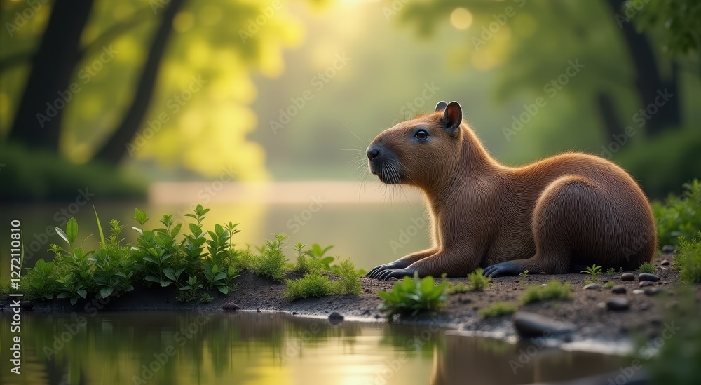 Fototapeta premium A peaceful capybara sits near a reflective water’s edge, bathed in soft golden light amid lush forest scenery