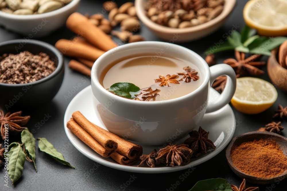 Inviting chai tea brewed with warming spices in a vibrant, cozy setting. Generative AI