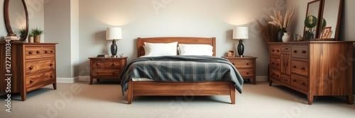 Cozy bedroom with a large bed, nightstands, and dresser in a quiet room, home, bedroom