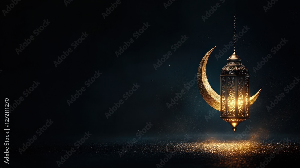 illuminated arabic lantern with crescent moon on dark background illuminated arabic lantern with crescent moon on dark background