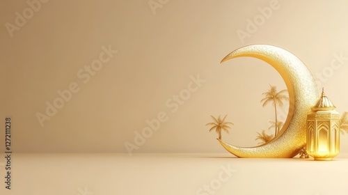 minimal golden crescent with palm and lantern for ramadan background