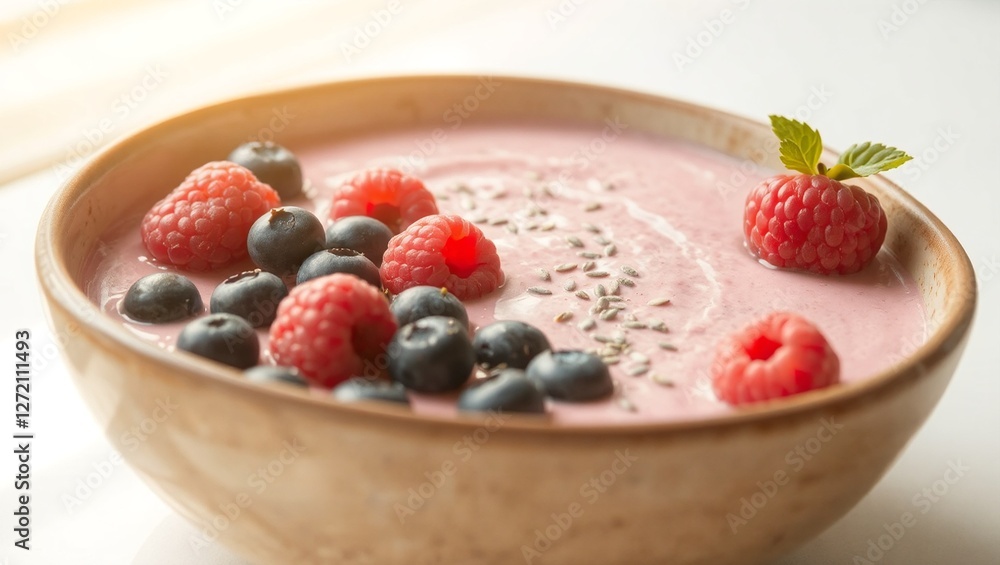 A smooth, creamy smoothie bowl in a handcrafted ceramic dish, topped with fresh blueberries, raspberries, and chia seeds. A smooth, creamy smoothie bowl in a handcrafted ceramic dish, topped with fresh blueberries, raspberries, and chia seeds.