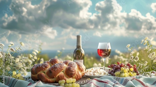 Enjoy a delightful outdoor gathering with a freshly baked challah loaf on a picnic blanket. A bottle of wine glasses and fresh grapes enhance the atmosphere of a Shabbat meal