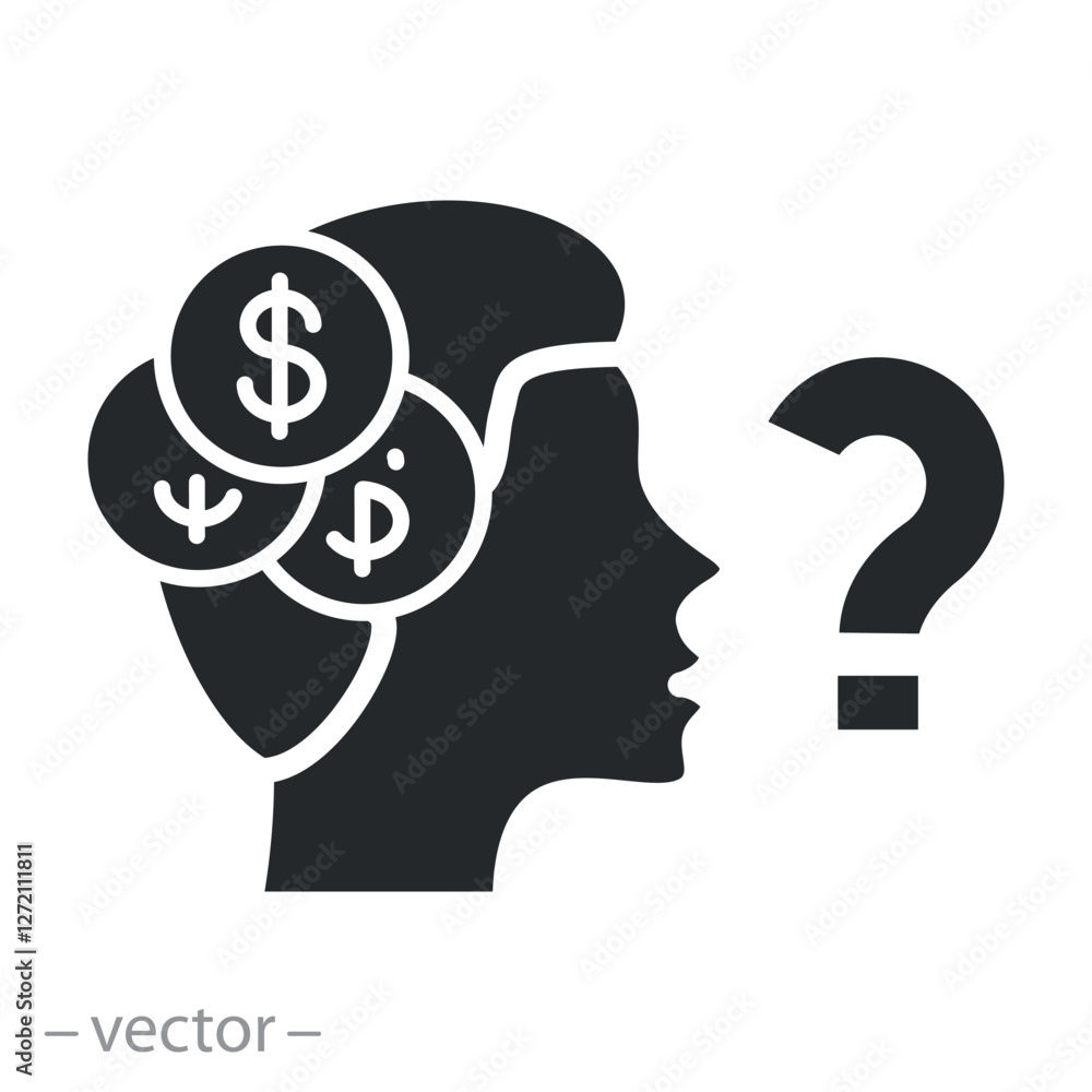 trouble money debt or bankruptcy, man think for money icon, thinking for debt, flat vector illustration