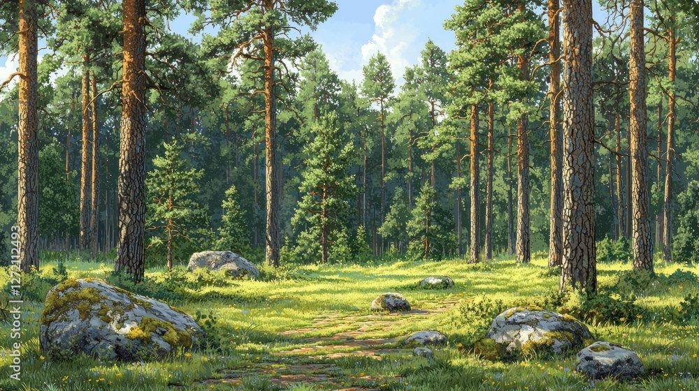Sunny pine forest glade, path through meadow Sunny pine forest glade, path through meadow