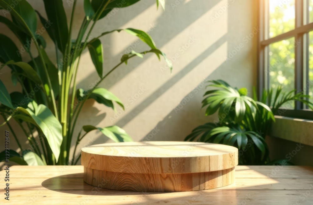 Obraz premium Empty round wooden podium on table with plants near window displaying products