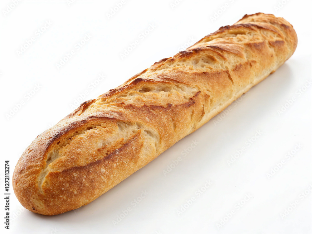 Freshly baked long loaf of bread on a white background ready for serving Freshly baked long loaf of bread on a white background ready for serving