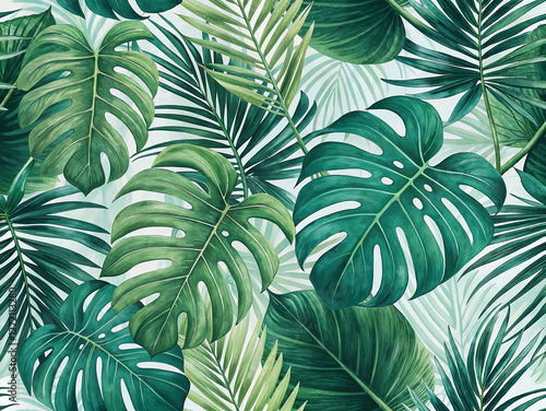 Lush green tropical leaves create a vibrant botanical pattern indoors