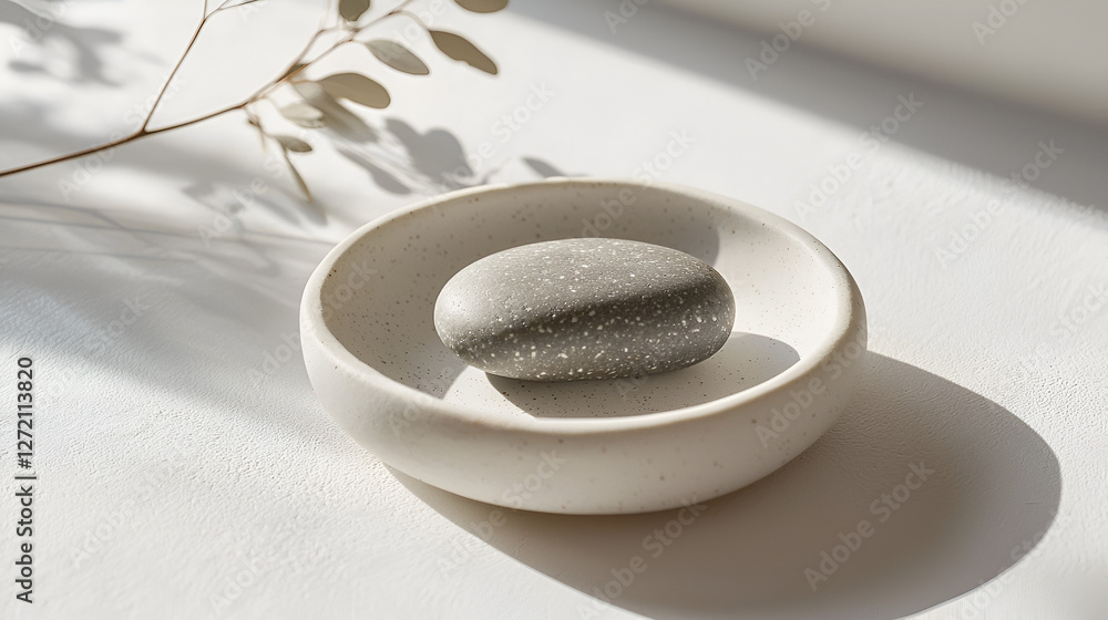 Minimalist still life with stone in a bowl and sprig, creating calming shadows. Minimalist still life with stone in a bowl and sprig, creating calming shadows.