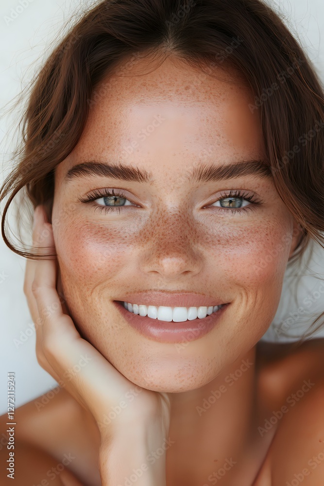 Close up portrait of young woman with freckles and natural makeup smiling at camera against white background. Fresh glowing skin and genuine expression. Close up portrait of young woman with freckles and natural makeup smiling at camera against white background. Fresh glowing skin and genuine expression.