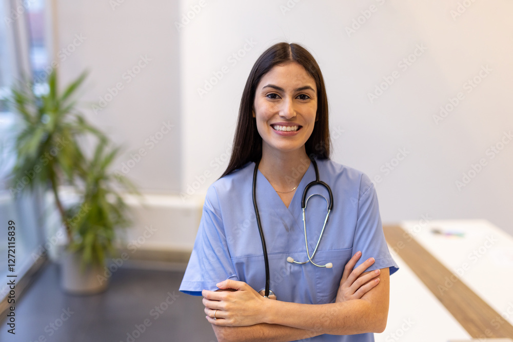 Professional Latina nurse standing confidently in a bright hospital room