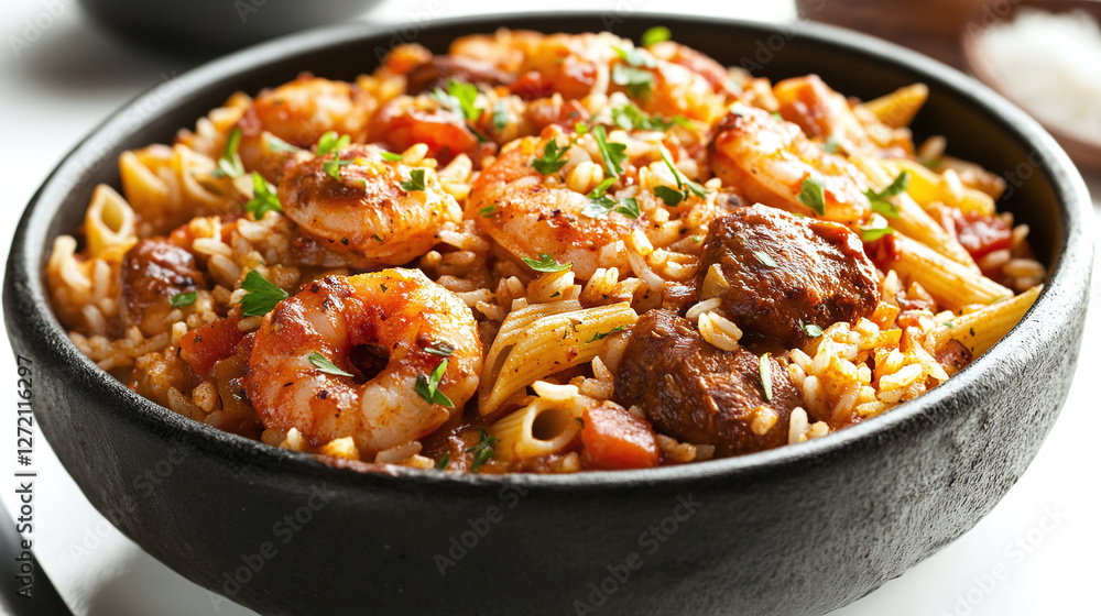 Spicy cajun jambalaya with penne pasta and rice isolated on white background, food collection. Spicy cajun jambalaya with penne pasta and rice isolated on white background, food collection.