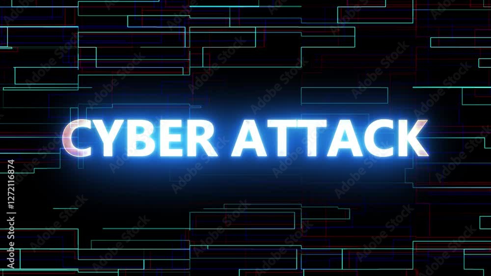 CYBER ATTACK neon line Text Animation on technology Background, CYBER ATTACK neon line Text Animation on technology Background,
