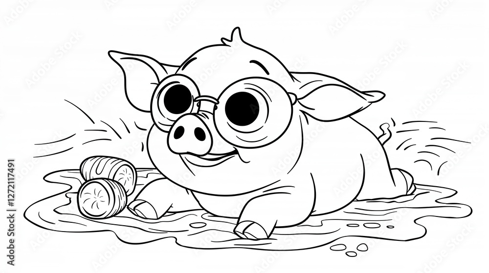 Fototapeta premium Illustration of a cheerful pig with glasses relaxing in a mud puddle surrounded by grass and flowers. coloring page for kids.