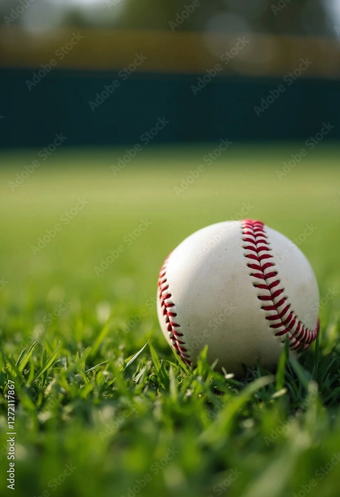 Baseball with Red Stitching Resting on Green Grass – Close-Up Sports Photography Baseball with Red Stitching Resting on Green Grass – Close-Up Sports Photography