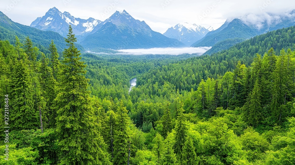 Fototapeta premium Mountain valley lush forest river mist aerial view nature landscape