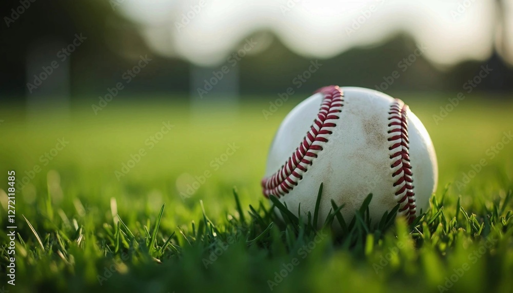 Baseball with Red Stitching Resting on Green Grass – Close-Up Sports Photography Baseball with Red Stitching Resting on Green Grass – Close-Up Sports Photography