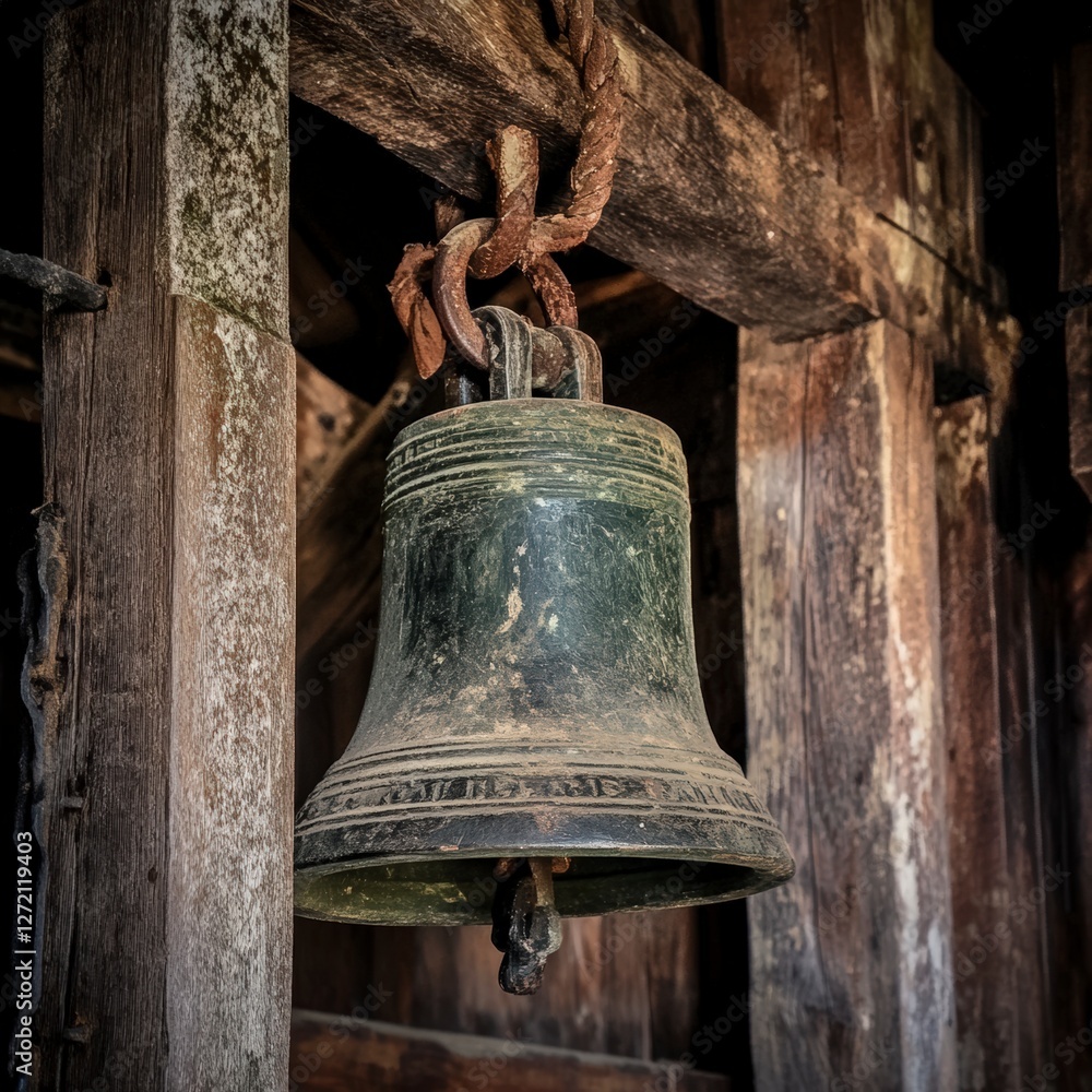 Fototapeta premium Classic Rusty Bell Hanging from an Old Wooden Structure