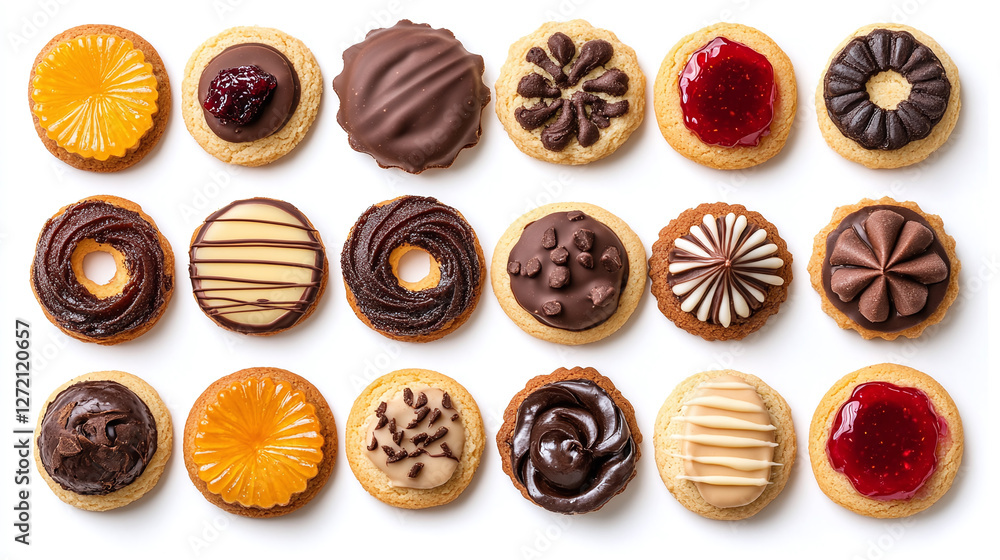 Set of decorative cookies and biscuits in various shapes and flavors with chocolate, icing, and jam toppings on white background for bakery, confectionery, and dessert designs. Set of decorative cookies and biscuits in various shapes and flavors with chocolate, icing, and jam toppings on white background for bakery, confectionery, and dessert designs.